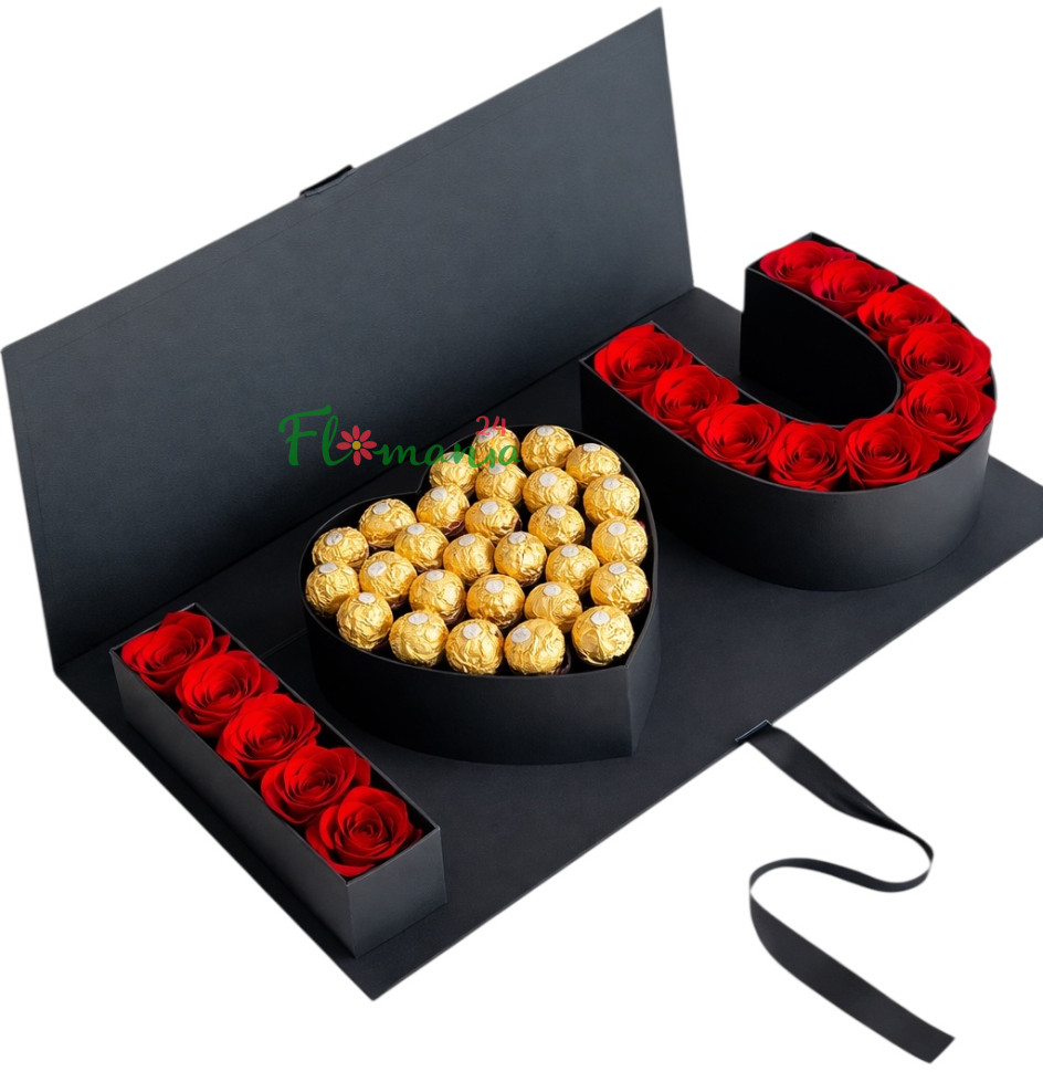 Композиция «LOVE Black Edition» в подарочной коробке с розами и конфетами