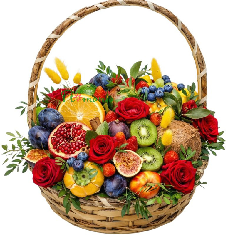 Корзина с гранатом, кокосом, инжиром, хурмой и фруктами «Краски на холсте»